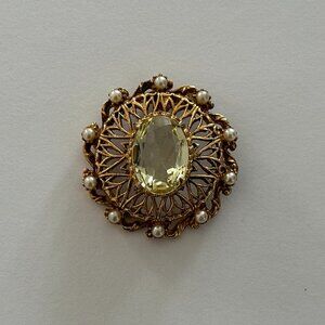 Florenza Glorious Vintage Pendant w Tiny Pearls & a Large Yellow Rhinestone